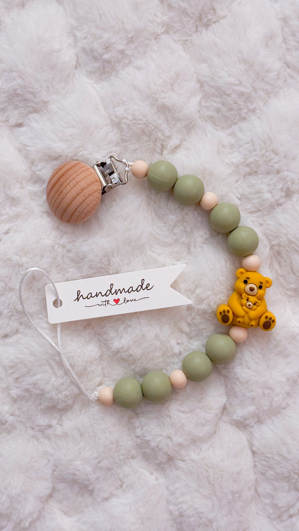 Outseam Pacifier Clip Teddy Bears in Grey — handmade pacifier holder