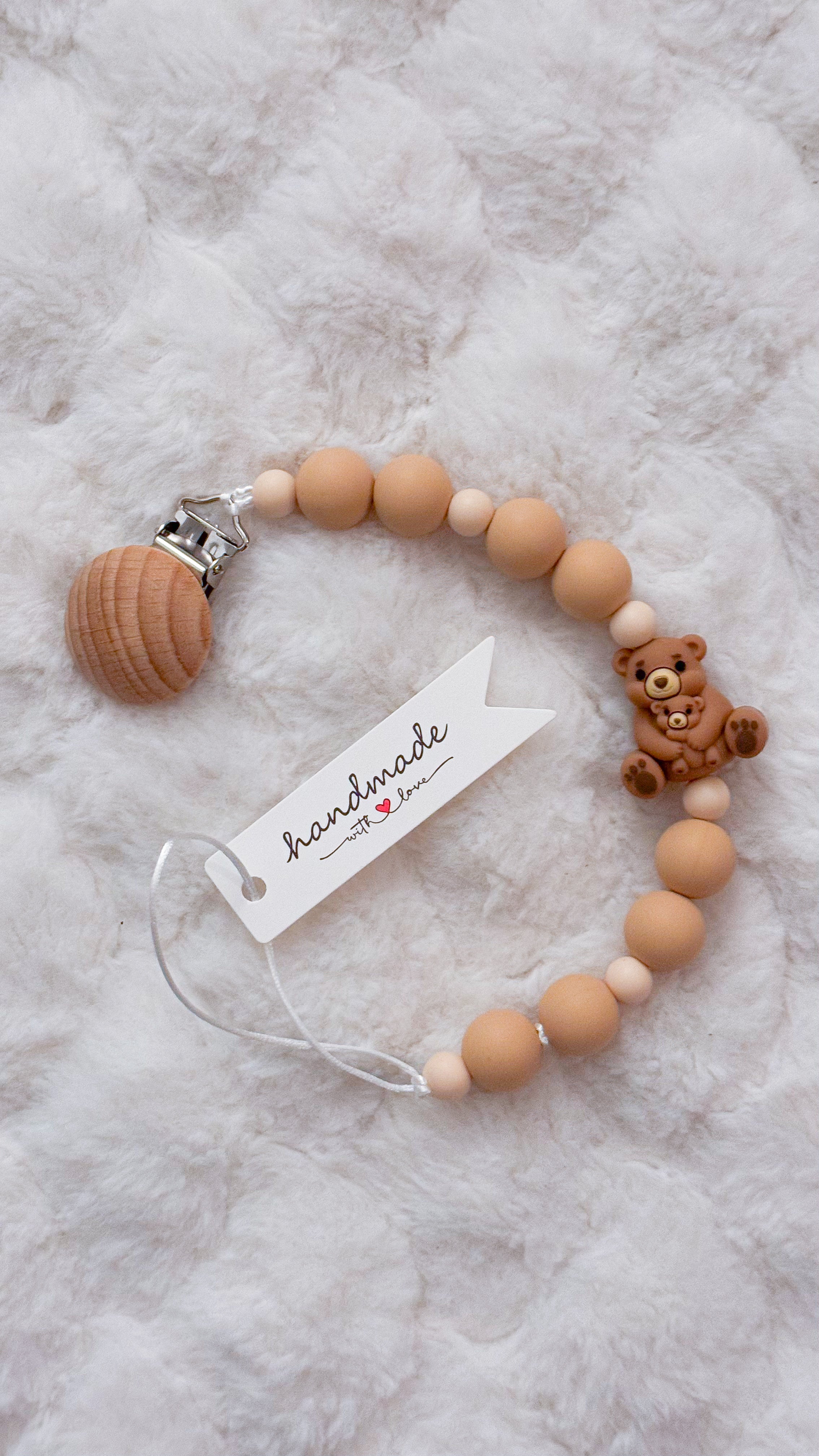 Outseam Pacifier Clip Teddy Bears — handmade pacifier holder with silicone beads